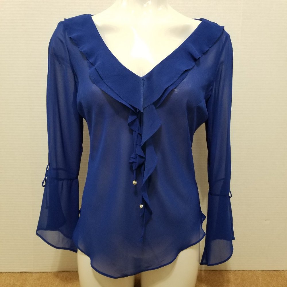 Studio I Evening top 8 NWT sheer ruffle tie neck rhinestone tassel cutout sleeve
